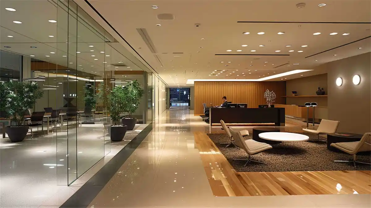 Commercial lighting installation completed by a licensed commercial electrician in West Jordan, Utah, featuring energy efficient LED lighting designed to improve visibility, safety, and professional appearance inside an office building.