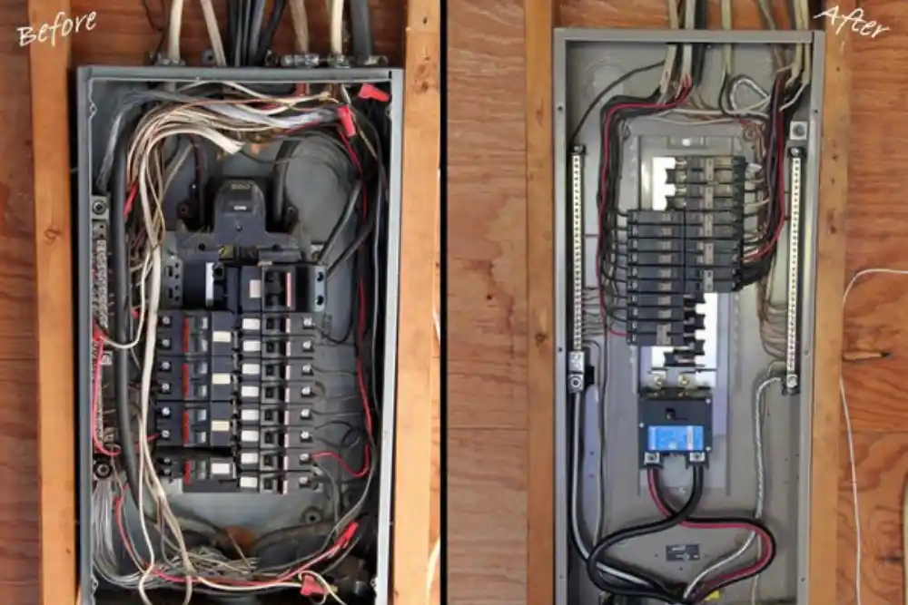 Before and after comparison of a residential electrical panel upgrade completed by Tristar Electric, showing the replacement of an outdated, overcrowded panel with a clean, code compliant electrical panel to improve safety, capacity, and reliability in a West Jordan, Utah home.